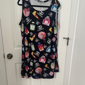 Black Midi Dress with Colorful Perfume Print